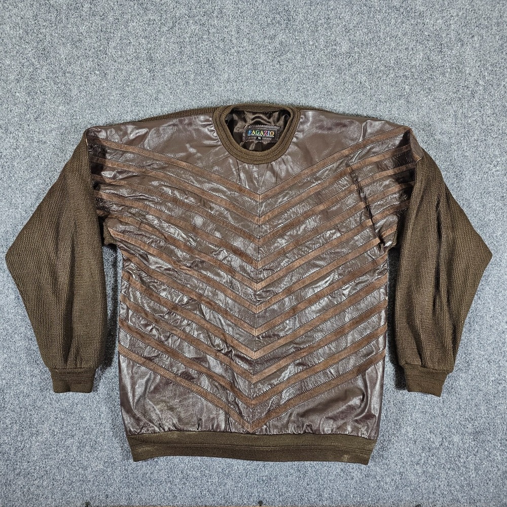 Vintage 90s Bagazio Heavy Leather‎ Shirt Sweater Brown Men's Size Large Grunge